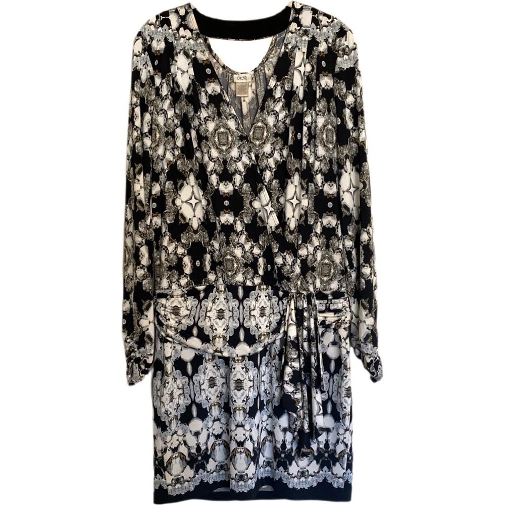 Vintage CACHE Geometric Jewel Black White Gray Print Drape Dress Size M Cocktail - Picture 1 of 16